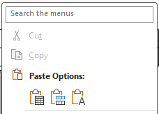 Pasting table content beneath table option icons